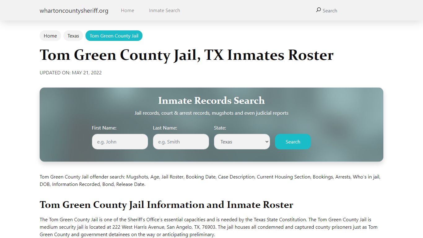 Tom Green County Jail, TX Jail Roster, Name Search